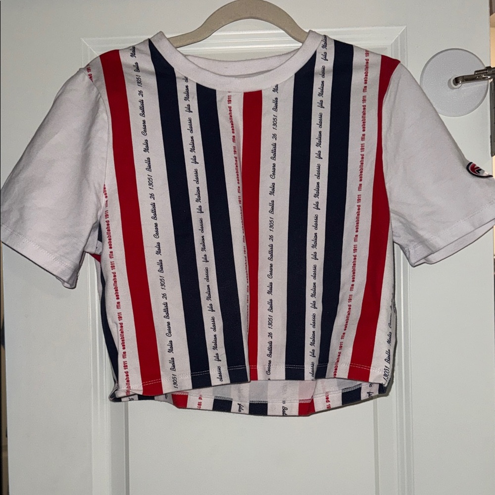 Fila White Tee with Red and Blue Stripes